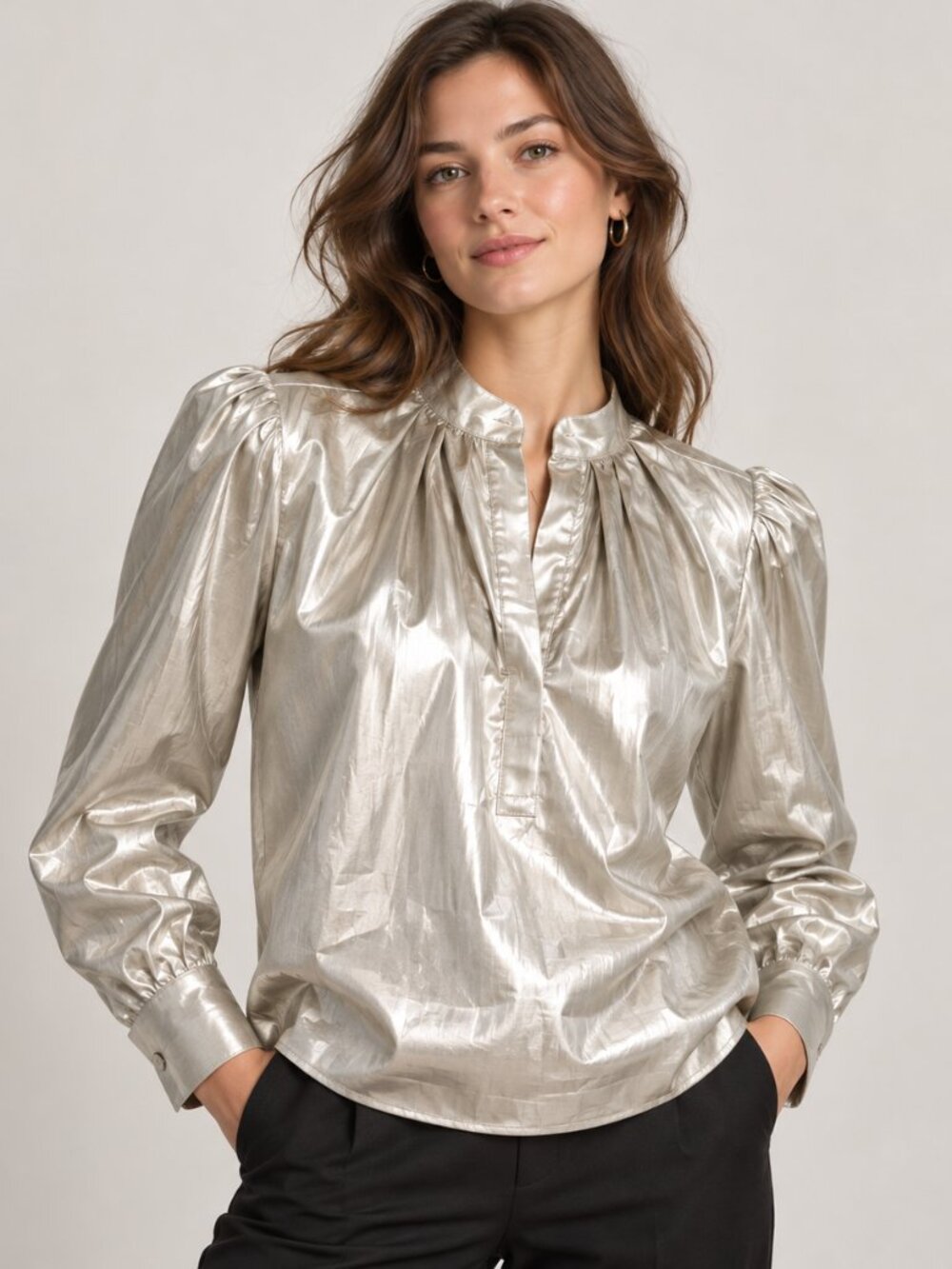 Wear Cissa The Puff Shirt Metallic Silver Lurex Blouse Women’s XS Holiday Party
